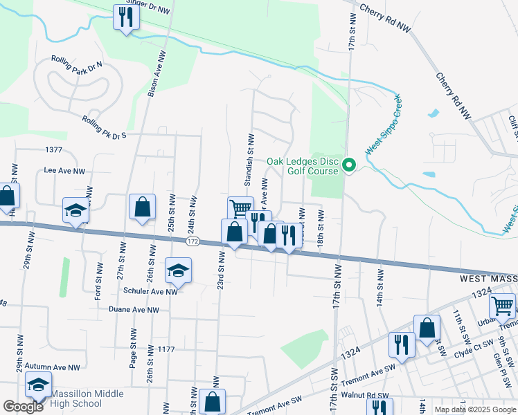 map of restaurants, bars, coffee shops, grocery stores, and more near 465 Grosvenor Avenue Northwest in Massillon