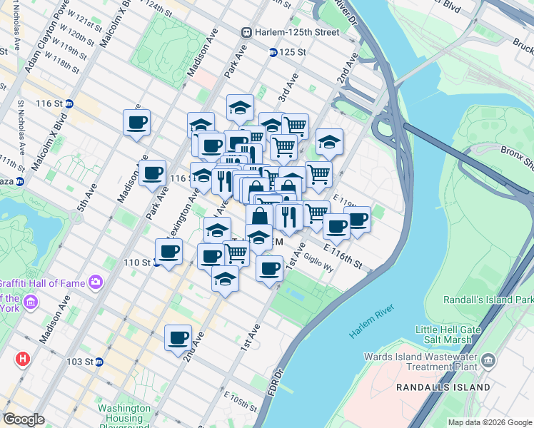 map of restaurants, bars, coffee shops, grocery stores, and more near 2nd Avenue & East 116th Street in New York