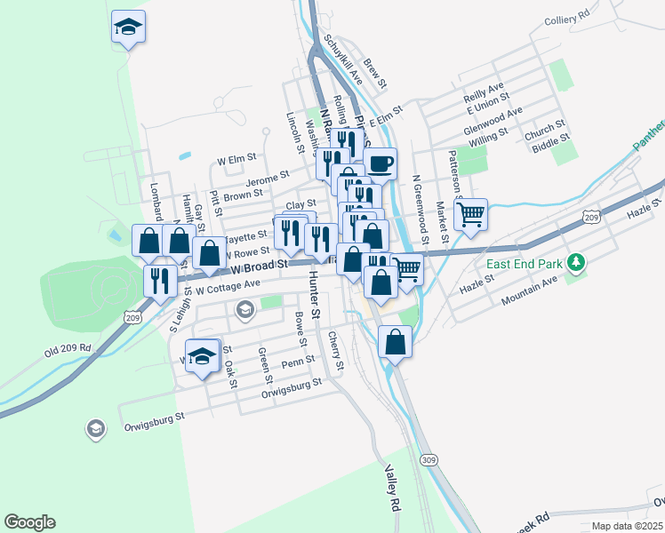 map of restaurants, bars, coffee shops, grocery stores, and more near 14 West Broad Street in Tamaqua