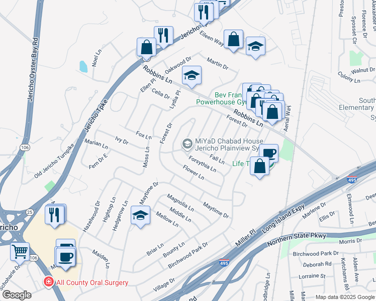 map of restaurants, bars, coffee shops, grocery stores, and more near 82 Forsythia Ln in Jericho