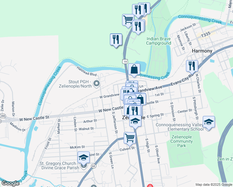 map of restaurants, bars, coffee shops, grocery stores, and more near 201 N Clay St in Zelienople