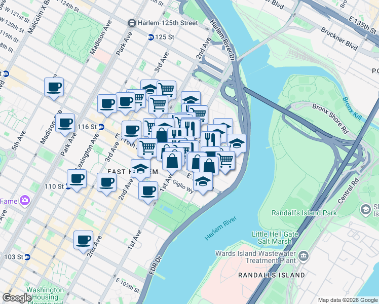 map of restaurants, bars, coffee shops, grocery stores, and more near 421 East 118th Street in New York