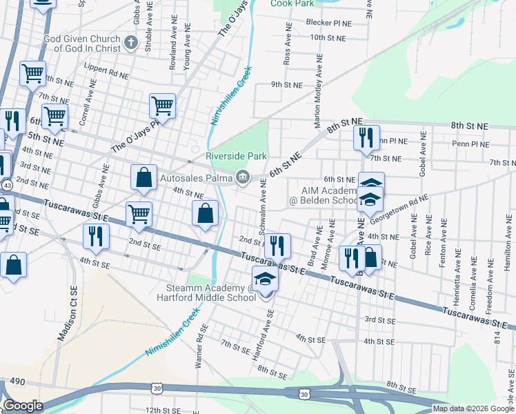 map of restaurants, bars, coffee shops, grocery stores, and more near 1741 4th Street Northeast in Canton