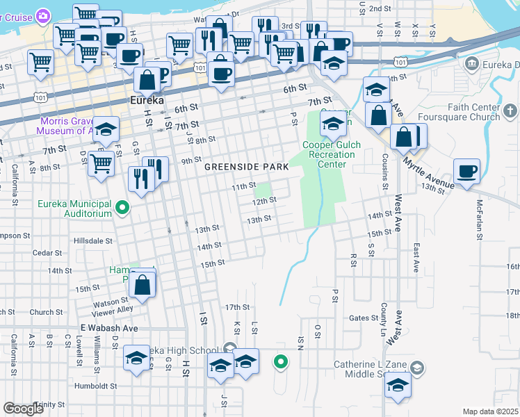 map of restaurants, bars, coffee shops, grocery stores, and more near 1215 M Street in Eureka