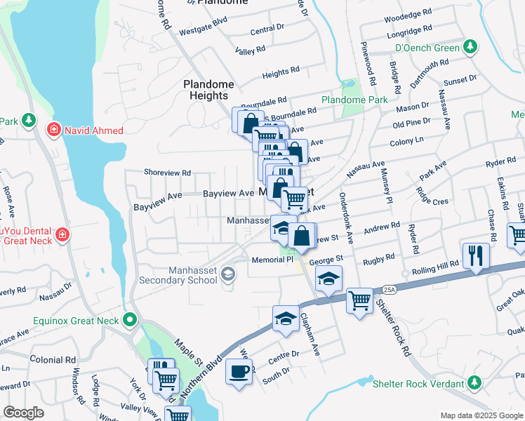 map of restaurants, bars, coffee shops, grocery stores, and more near 31 Hillside Avenue in Manhasset