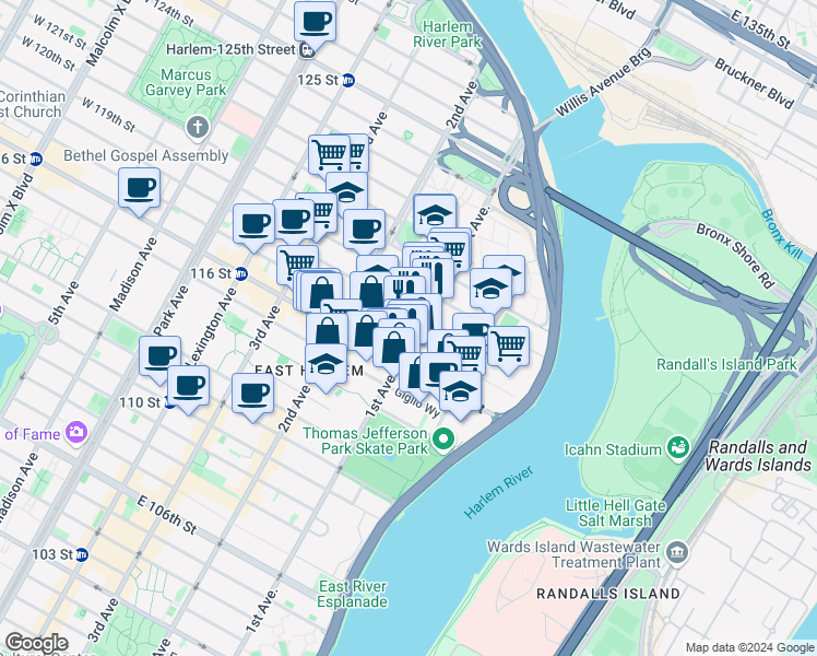 map of restaurants, bars, coffee shops, grocery stores, and more near 2281 1st Avenue in New York