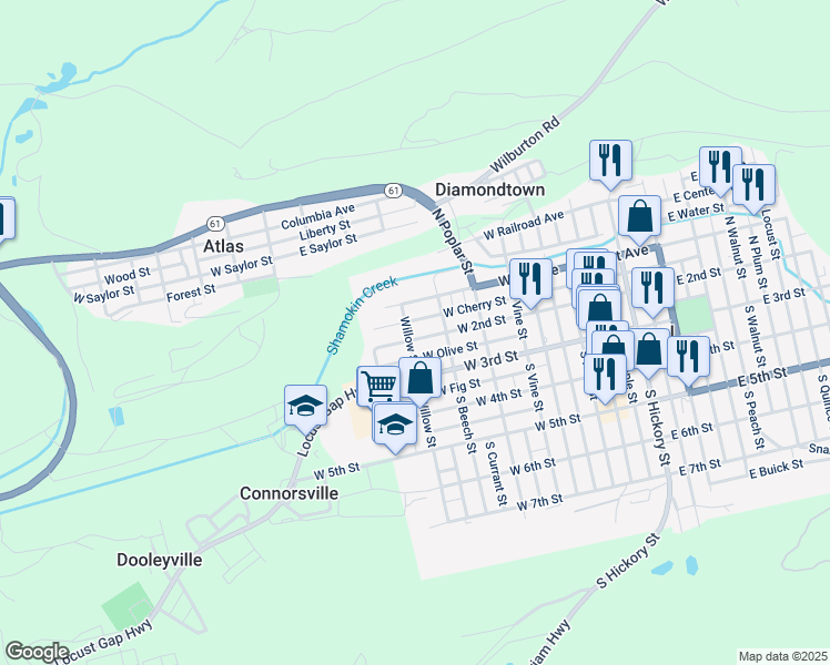 map of restaurants, bars, coffee shops, grocery stores, and more near 101-129 N Willow St in Mt Carmel