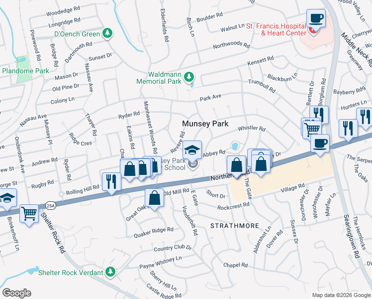 map of restaurants, bars, coffee shops, grocery stores, and more near 136 Abbey Road in Manhasset