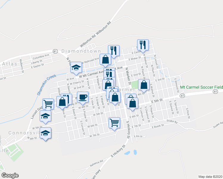 map of restaurants, bars, coffee shops, grocery stores, and more near 1994 East 3rd Street in Mount Carmel