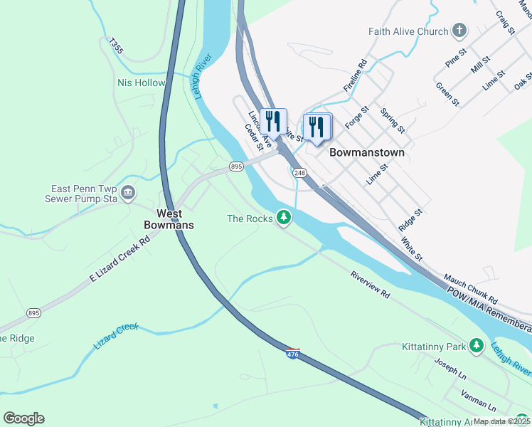 map of restaurants, bars, coffee shops, grocery stores, and more near Lehigh Drive in Lehighton