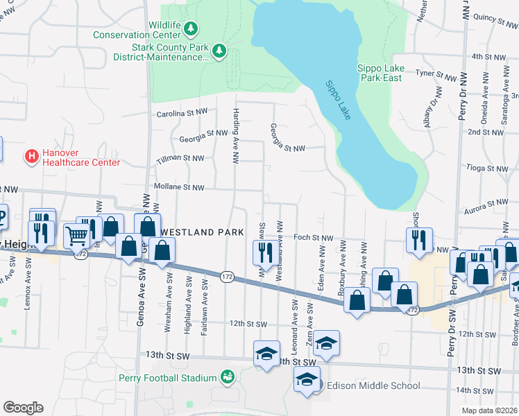 map of restaurants, bars, coffee shops, grocery stores, and more near 4039 Bailey Street Northwest in Massillon
