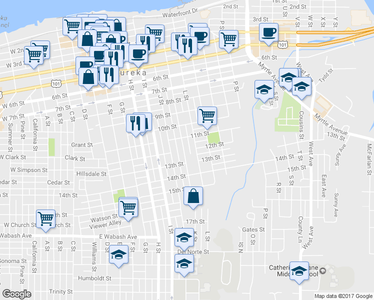 map of restaurants, bars, coffee shops, grocery stores, and more near 1143 K Street in Eureka