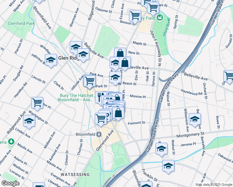 map of restaurants, bars, coffee shops, grocery stores, and more near 98 Broad Street in Bloomfield