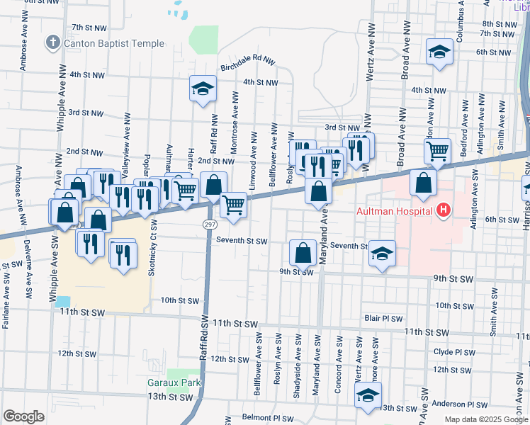 map of restaurants, bars, coffee shops, grocery stores, and more near 600 Bellflower Avenue Northwest in Canton