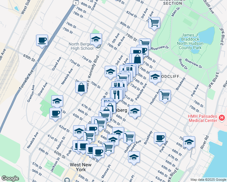 map of restaurants, bars, coffee shops, grocery stores, and more near 7011 Madison Street in Guttenberg