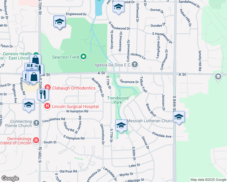 map of restaurants, bars, coffee shops, grocery stores, and more near 1540 South 77th Street in Lincoln