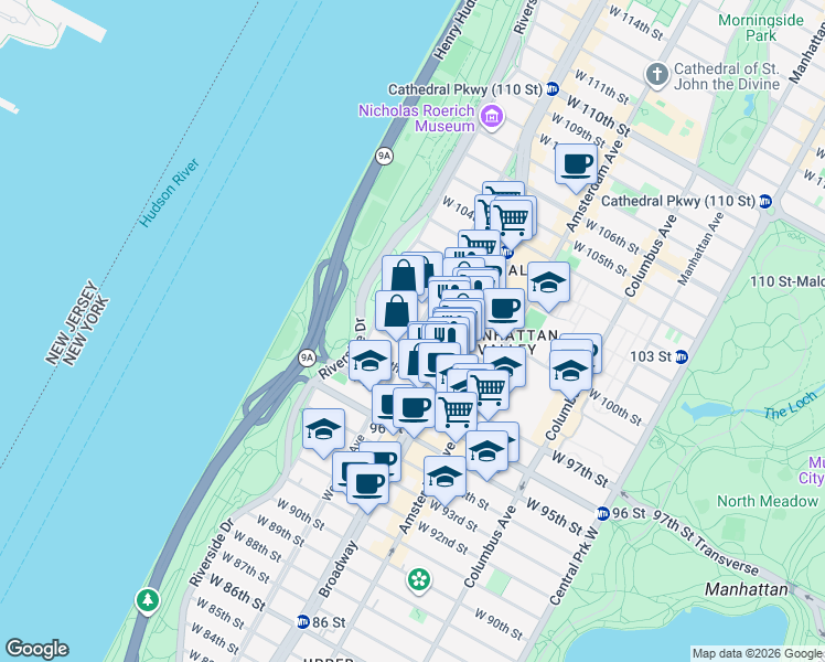 map of restaurants, bars, coffee shops, grocery stores, and more near 789 West End Avenue in New York