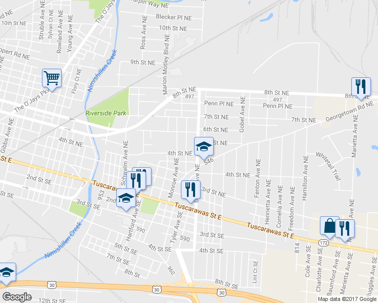 map of restaurants, bars, coffee shops, grocery stores, and more near 402 Webster Avenue Northeast in Canton