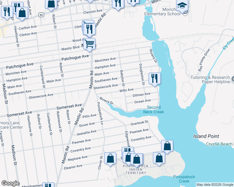 map of restaurants, bars, coffee shops, grocery stores, and more near 22 Wills Avenue in Mastic