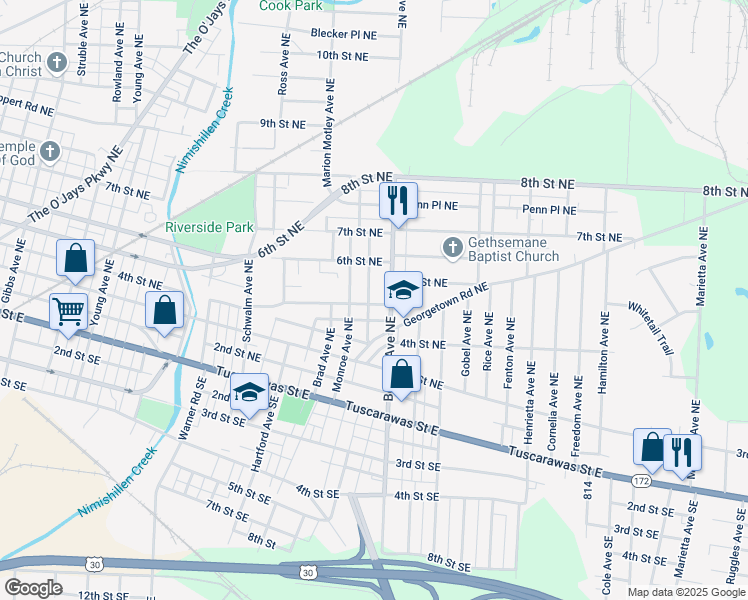 map of restaurants, bars, coffee shops, grocery stores, and more near 402 Webster Avenue Northeast in Canton