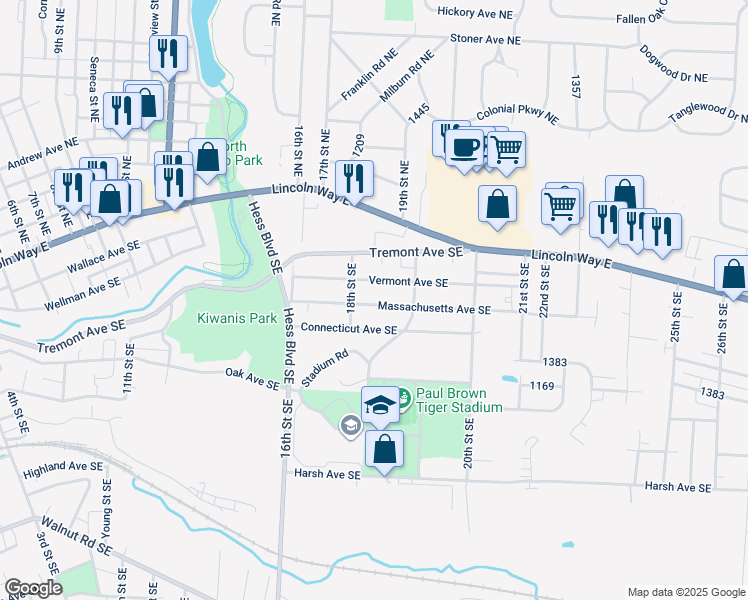 map of restaurants, bars, coffee shops, grocery stores, and more near 1826 Massachusetts Avenue Southeast in Massillon
