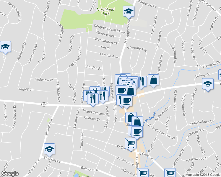 map of restaurants, bars, coffee shops, grocery stores, and more near 29 Hazel Avenue in Livingston