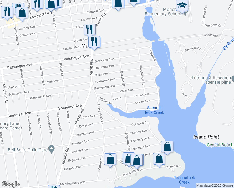 map of restaurants, bars, coffee shops, grocery stores, and more near 22 Wills Avenue in Mastic
