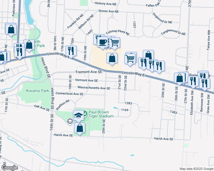 map of restaurants, bars, coffee shops, grocery stores, and more near 154 20th Street Southeast in Massillon