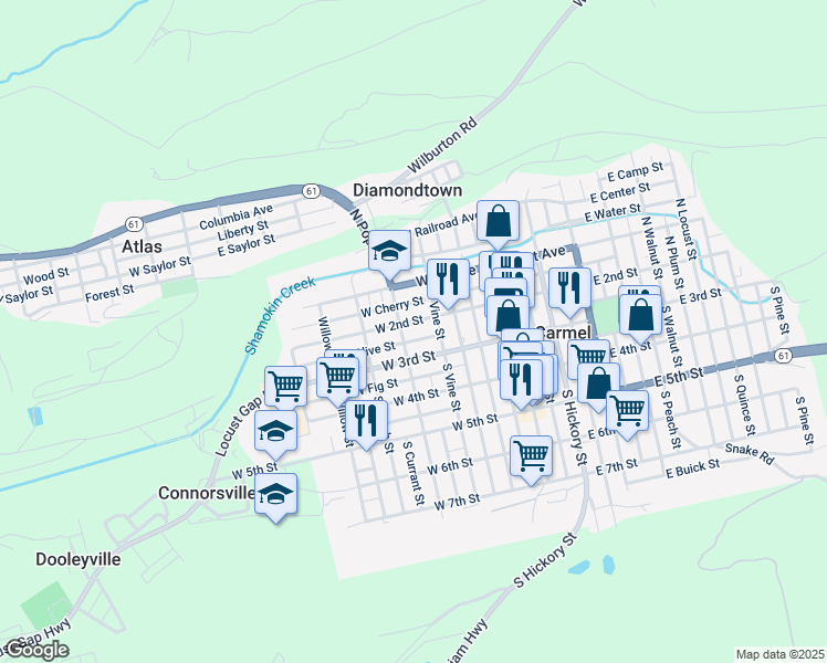 map of restaurants, bars, coffee shops, grocery stores, and more near 41 North Poplar Street in Mount Carmel