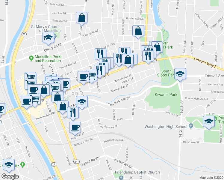 map of restaurants, bars, coffee shops, grocery stores, and more near 610 Wellman Avenue Southeast in Massillon
