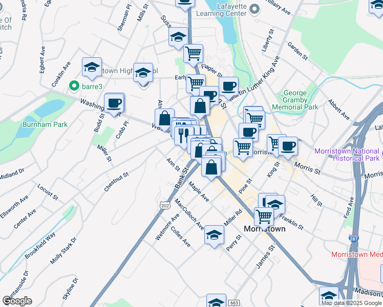 map of restaurants, bars, coffee shops, grocery stores, and more near 16 Washington Street in Morristown