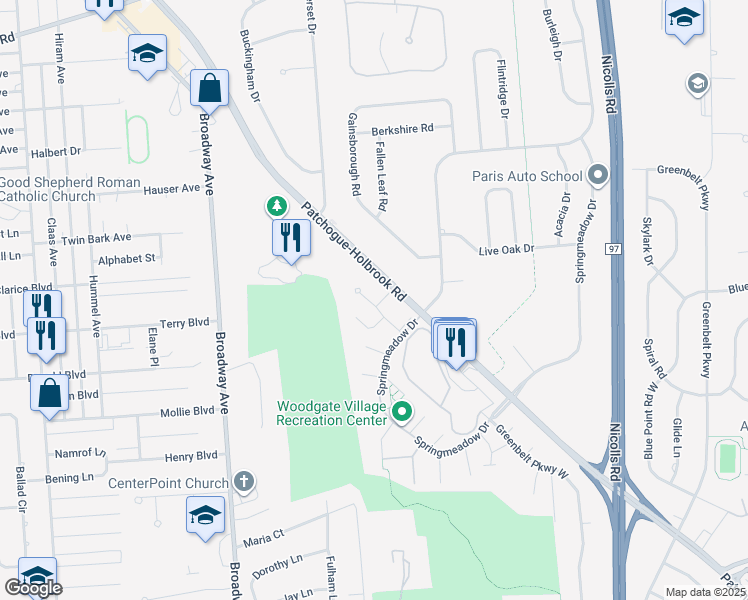 map of restaurants, bars, coffee shops, grocery stores, and more near 235E Springmeadow Drive in Holbrook