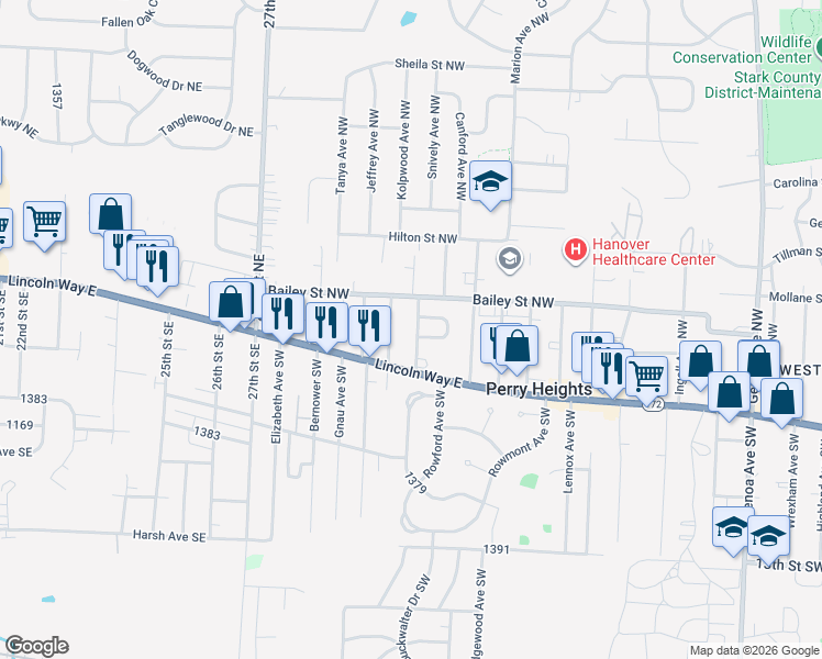 map of restaurants, bars, coffee shops, grocery stores, and more near 215 Snively Avenue Northwest in Massillon