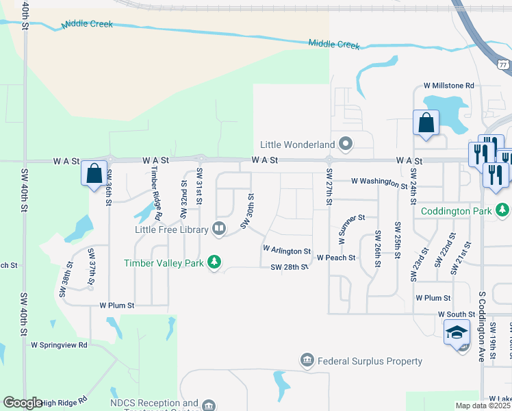 map of restaurants, bars, coffee shops, grocery stores, and more near 1640 Southwest 30th Street in Lincoln