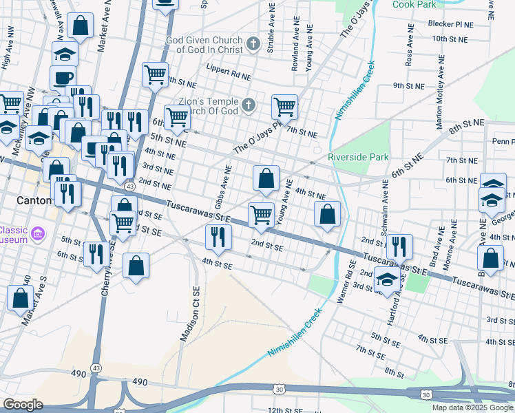 map of restaurants, bars, coffee shops, grocery stores, and more near 205 Rowland Avenue Southeast in Canton