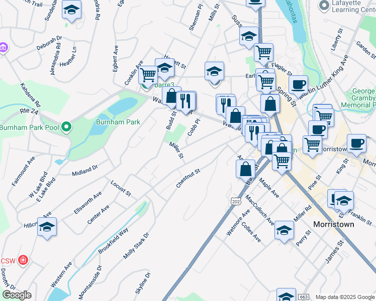 map of restaurants, bars, coffee shops, grocery stores, and more near 60 Phoenix Avenue in Morristown