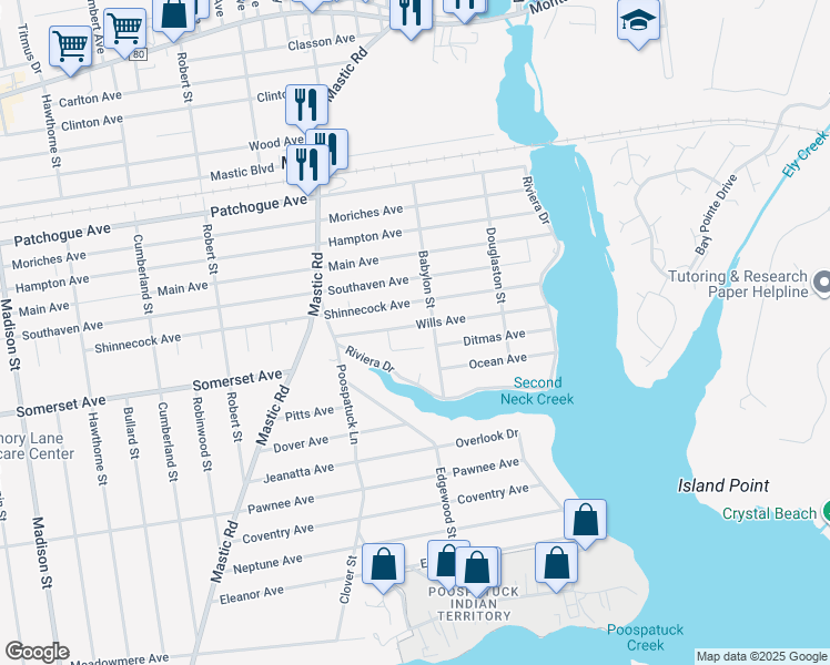 map of restaurants, bars, coffee shops, grocery stores, and more near 22 Wills Avenue in Mastic