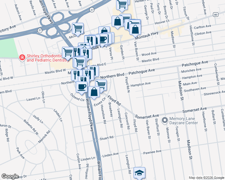 map of restaurants, bars, coffee shops, grocery stores, and more near 38 Essex Circle in Shirley