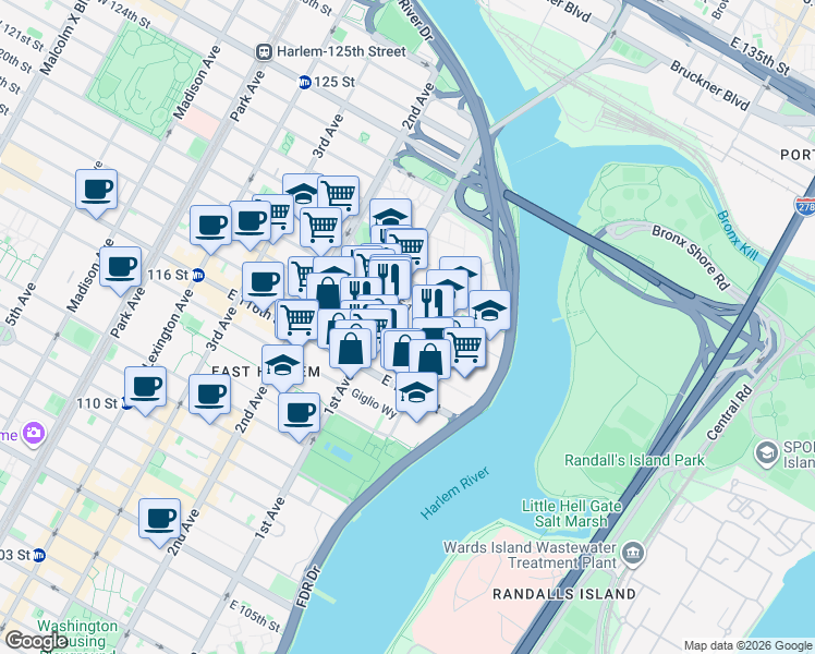 map of restaurants, bars, coffee shops, grocery stores, and more near 421 East 118th Street in New York