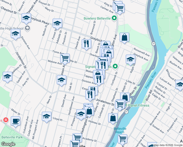 map of restaurants, bars, coffee shops, grocery stores, and more near 44 Tappan Avenue in Belleville