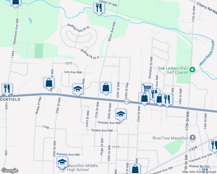 map of restaurants, bars, coffee shops, grocery stores, and more near 554 27th Street Northwest in Massillon
