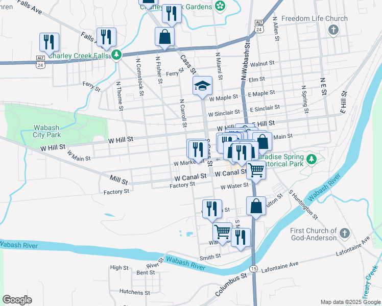 map of restaurants, bars, coffee shops, grocery stores, and more near 135 South Carroll Street in Wabash