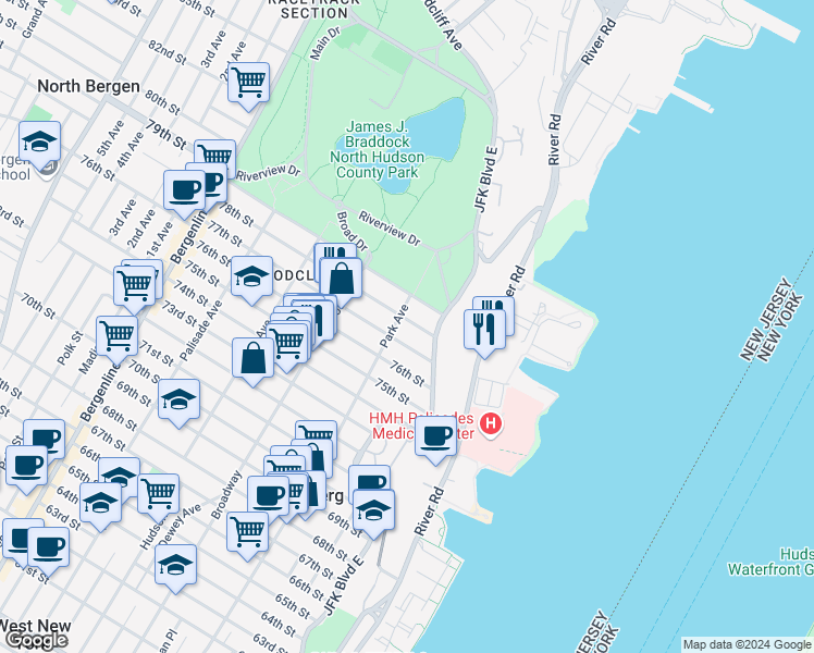 map of restaurants, bars, coffee shops, grocery stores, and more near 19 78th Street in North Bergen