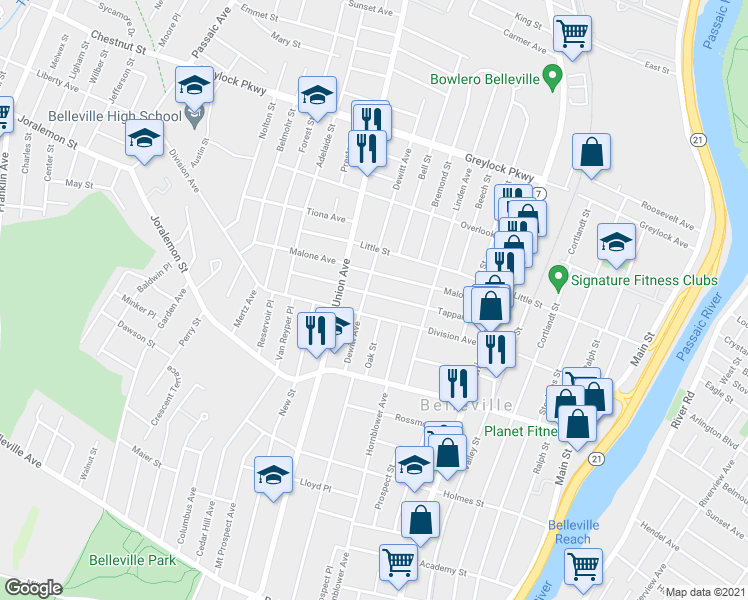 map of restaurants, bars, coffee shops, grocery stores, and more near 109 Tappan Avenue in Belleville