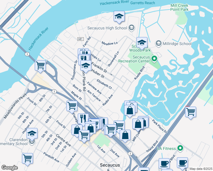 map of restaurants, bars, coffee shops, grocery stores, and more near 30 Elizabeth Court in Secaucus