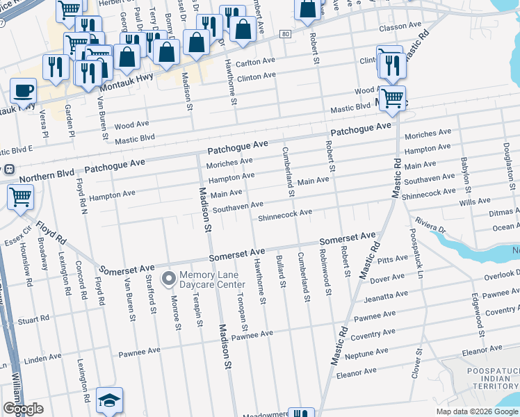 map of restaurants, bars, coffee shops, grocery stores, and more near 80 Southaven Avenue in Mastic