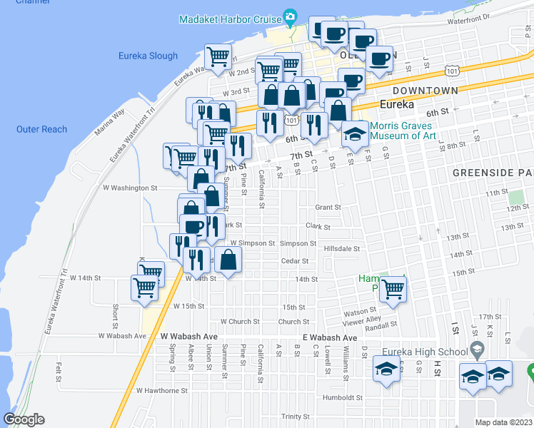map of restaurants, bars, coffee shops, grocery stores, and more near 1011 California Street in Eureka
