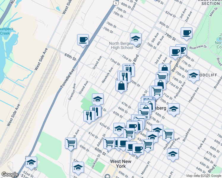 map of restaurants, bars, coffee shops, grocery stores, and more near 6717 Smith Avenue in North Bergen