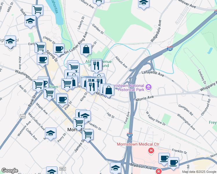 map of restaurants, bars, coffee shops, grocery stores, and more near 19 Olyphant Place in Morristown