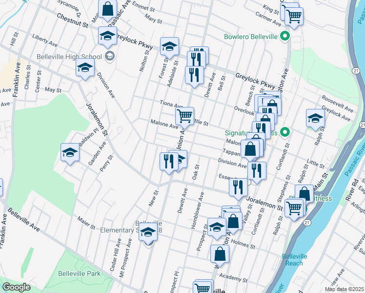 map of restaurants, bars, coffee shops, grocery stores, and more near 390 Union Avenue in Belleville